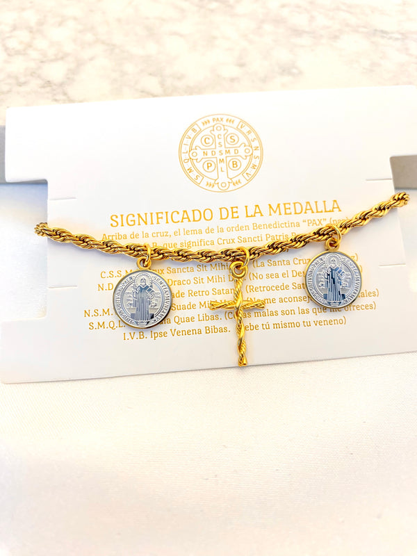 Pulsera Medallas San Benito Dorada Acero