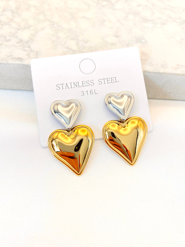 Arete Dos Corazones Bisel Bicolor Acero