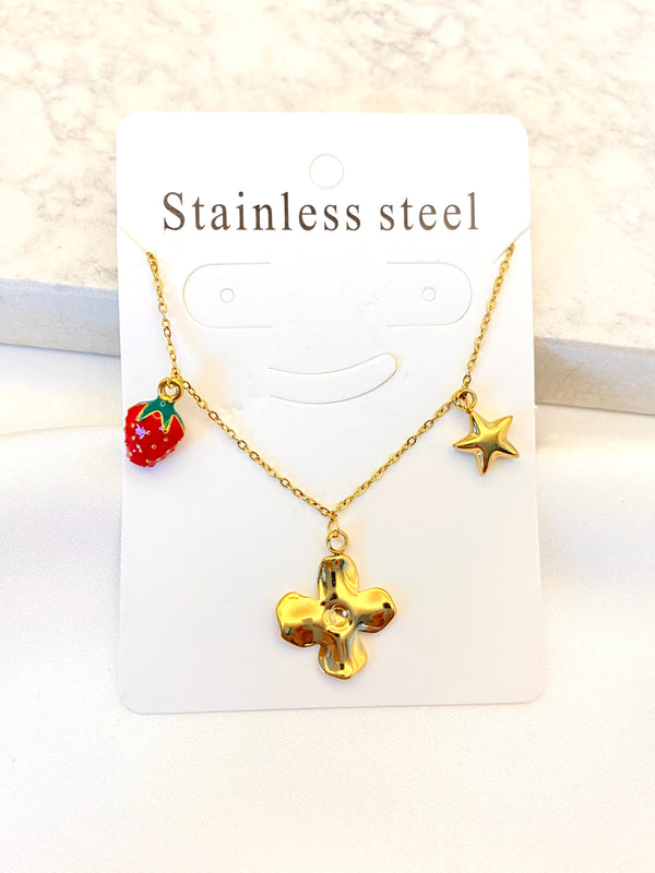 Collar Fresita Flor Dorado Acero