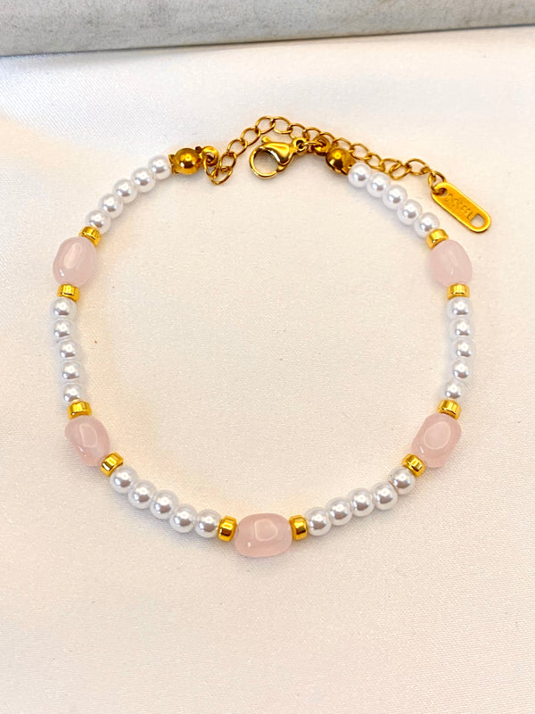 Pulsera Piedra Rosa Perlas Acero