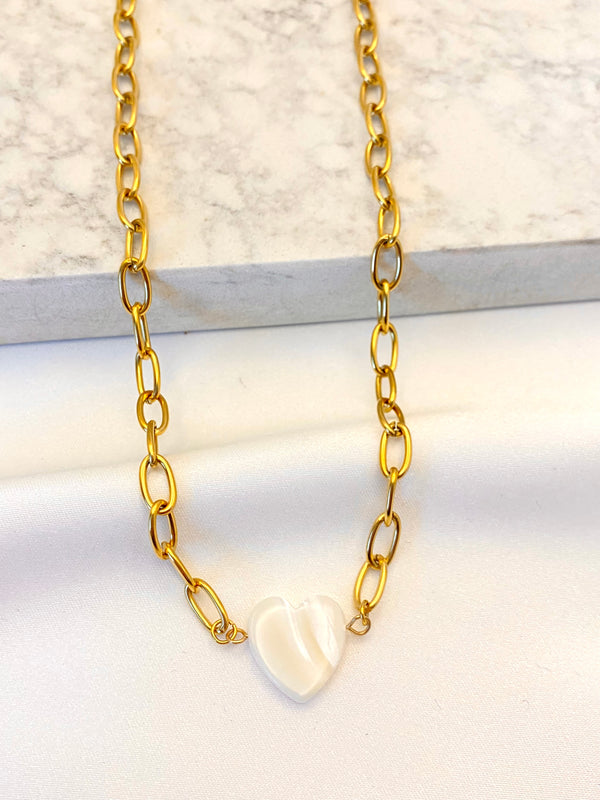 Collar Corazon Madre Perla Dorado Acero