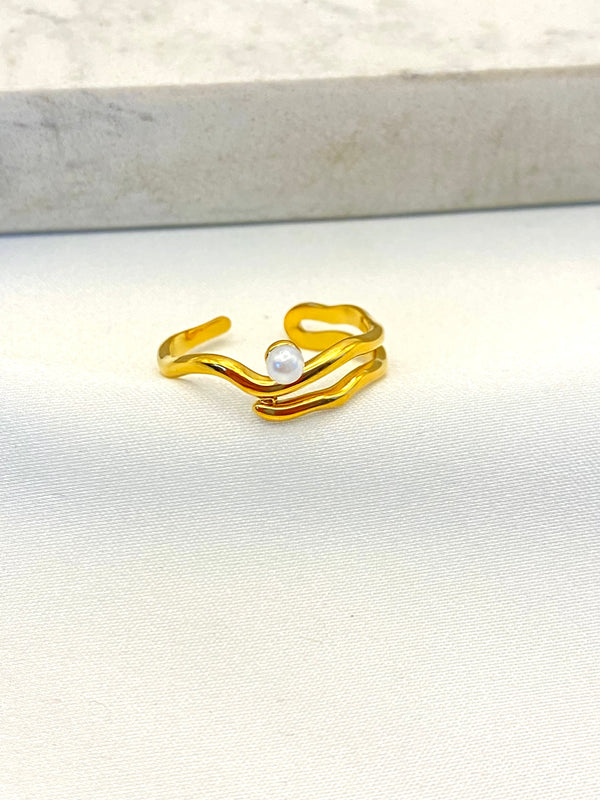 Anillo Ondas Perla Mini Acero