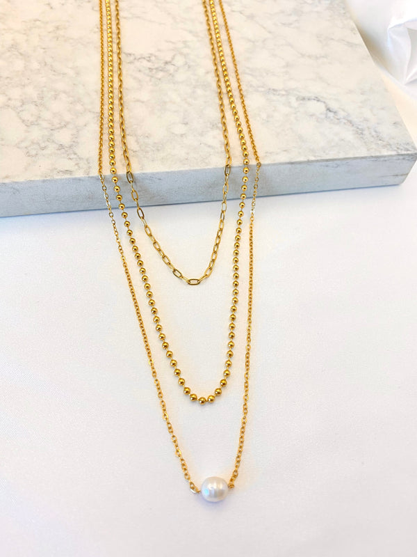 Collar Layers Mix Perla Acero Dorado