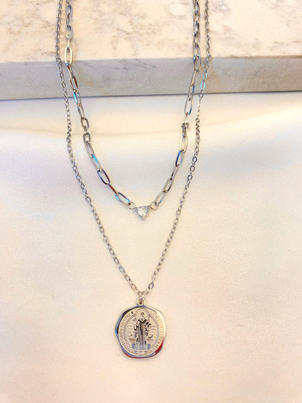 Collar Doble San Benito Cristal Plateado Acero