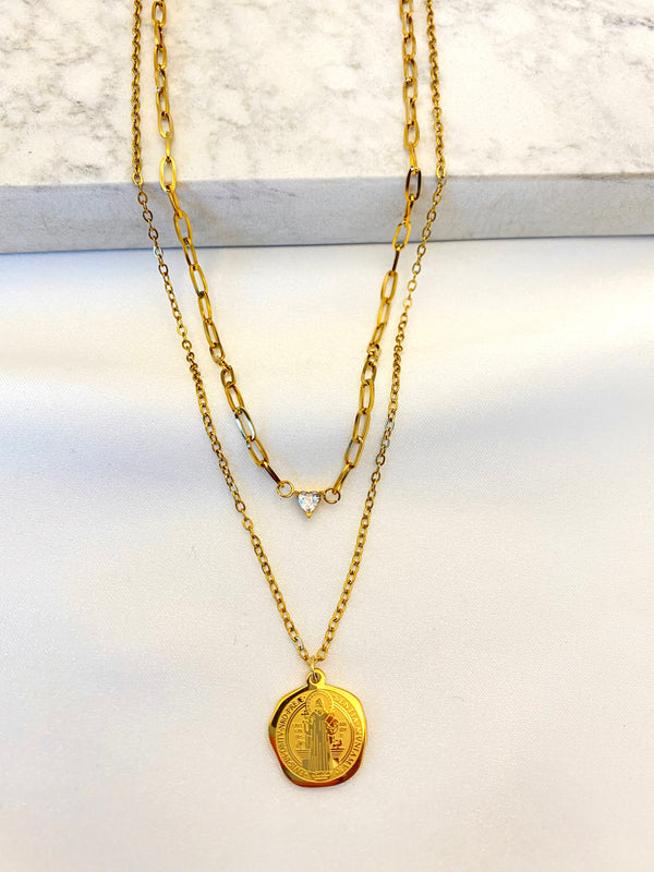 Collar Doble San Benito Cristal Dorado Acero