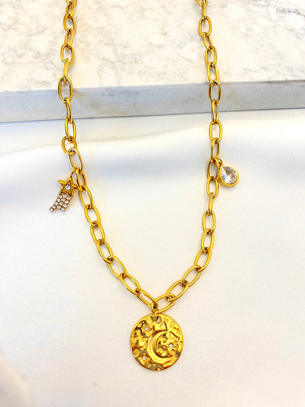 Collar Dijes Cosmicos Dorado Acero