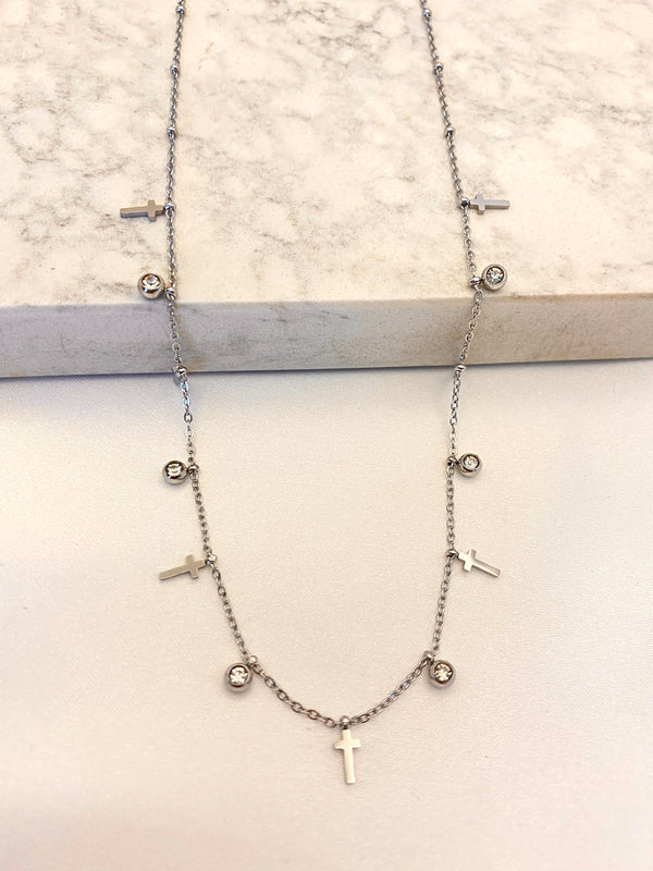 Collar Cruz Cristales Plateado Acero