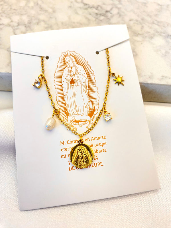 Collar Virgen Perla y Cristal Acero