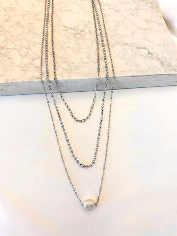 Collar Layers Mix Perla Acero Plateado
