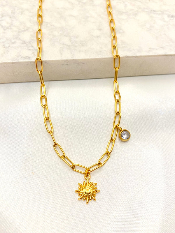 Collar Sol y Cristal Acero