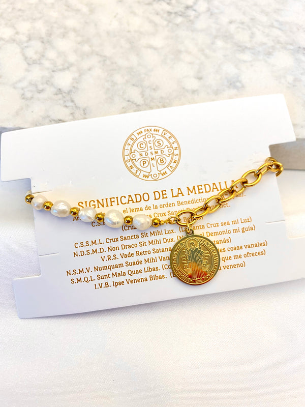 Pulsera Eslabon Oval Perla Acero