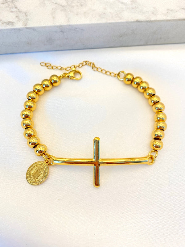 Pulsera Balines Cruz Dorada Acero
