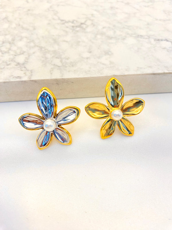 Anillo Flor Irregular Perla Acero