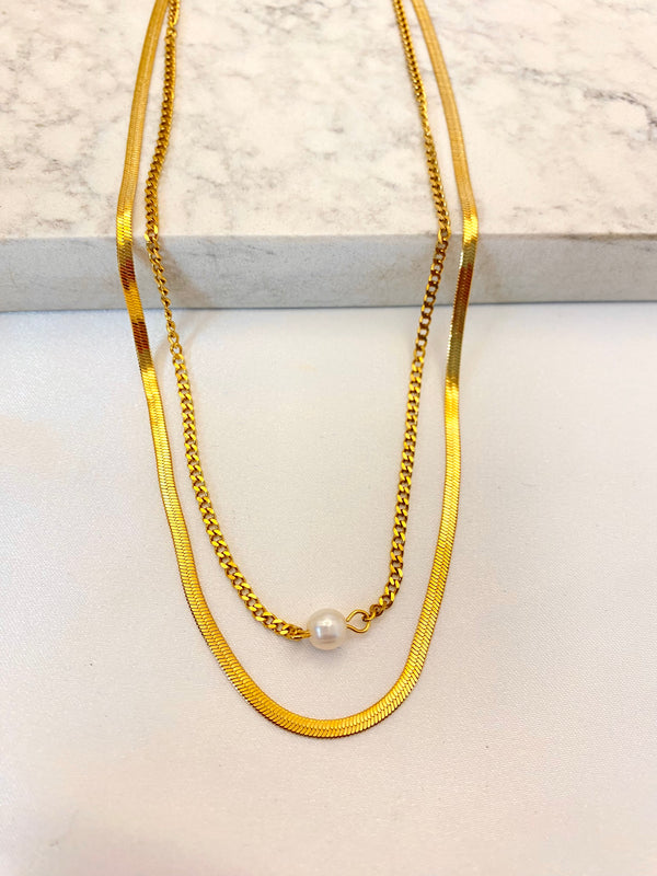 Collar Doble Snake Perla Acero