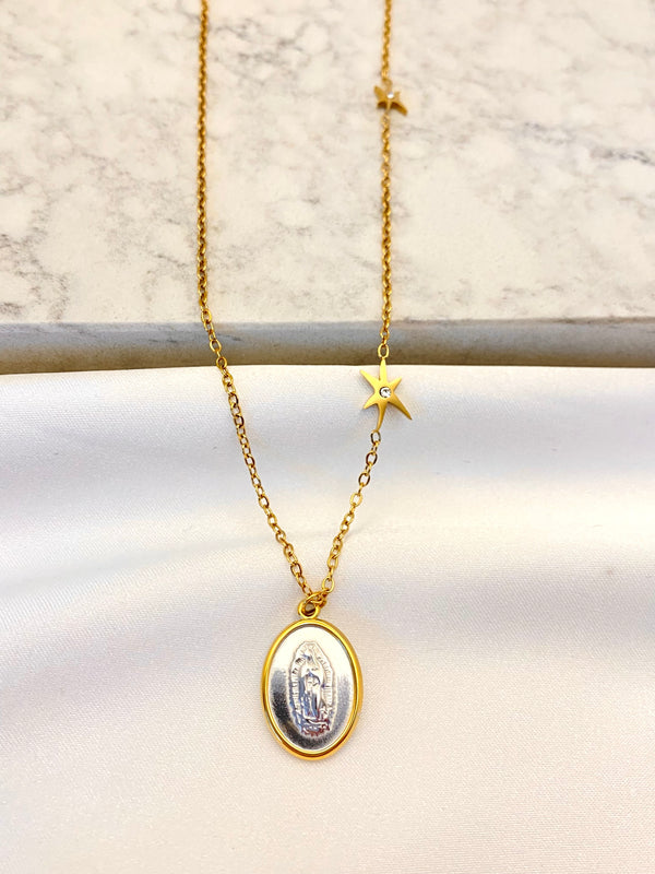 Collar Largo Virgen Bicolor Estrella Acero