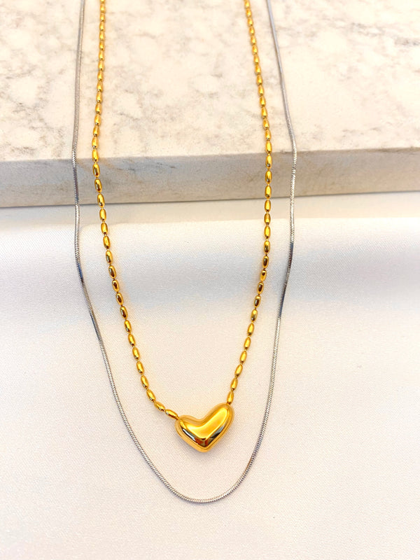 Collar Doble Corazon Bicolor Acero