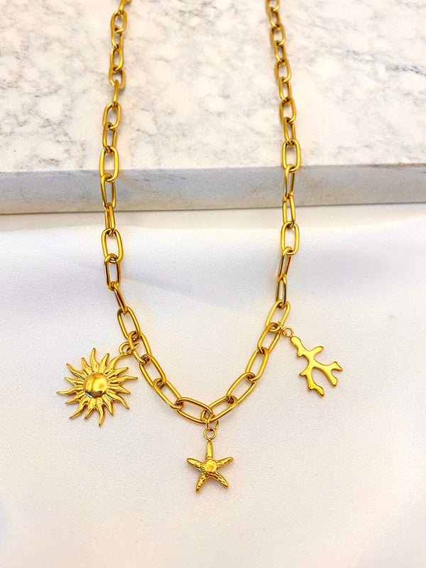 Collar Sol Coral y Estrella Acero