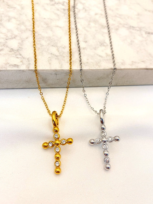 Collar Largo Cruz Boleada Cristales Acero