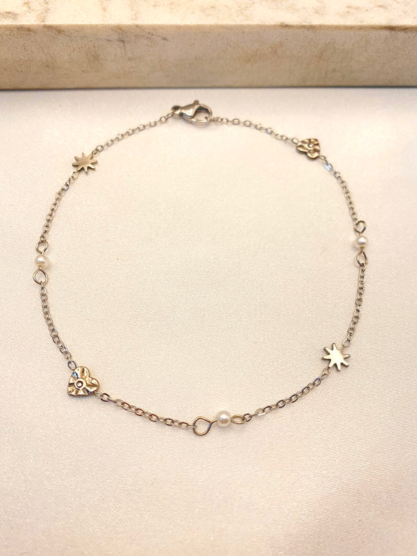 Tobillera Corazon Estrella Plateada Acero