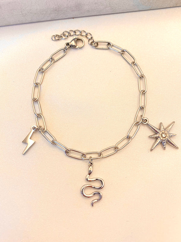 Pulsera Triple Dije Mix Plateado Acero