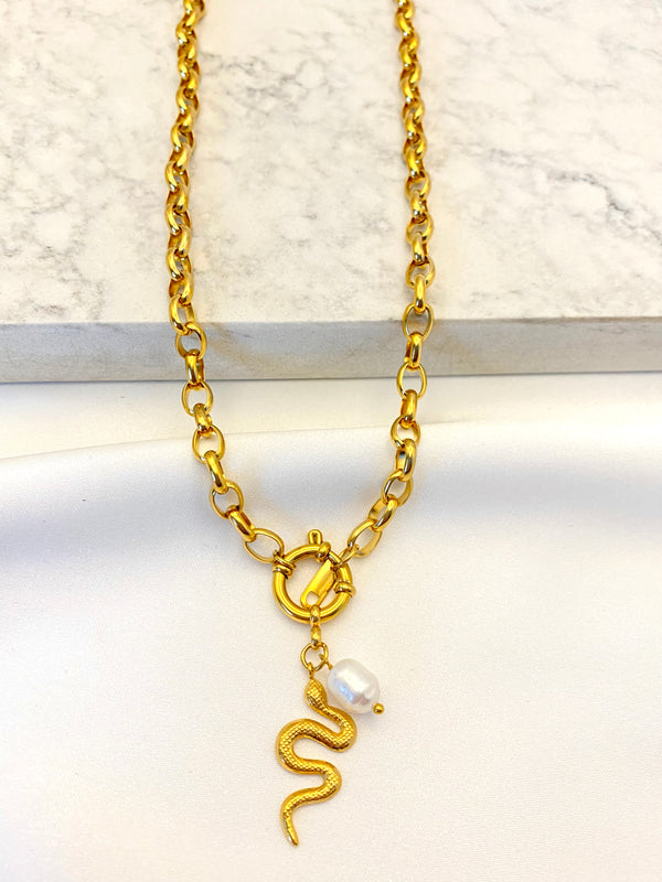 Collar Serpiente Perla Acero