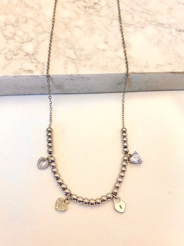 Collar Corazones Mixtos Plateado Acero