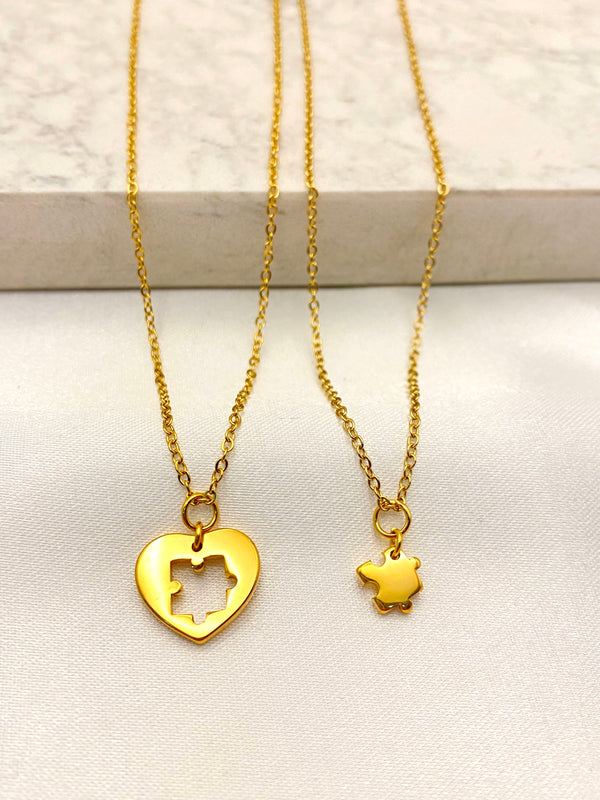 Set Collar Corazon Rompecabezas Acero