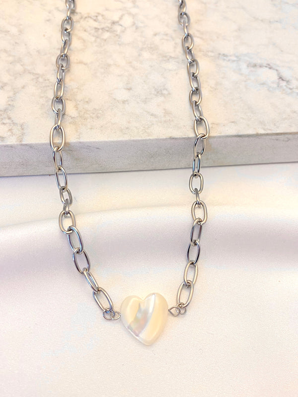 Collar Corazon Madre Perla Plateado Acero