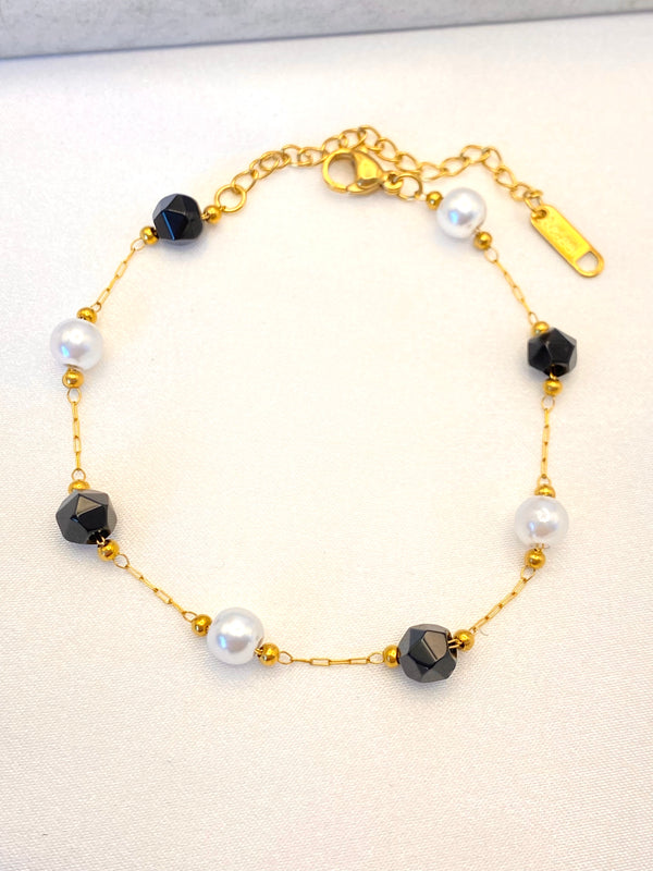 Pulsera Perla y Piedra Negra Acero