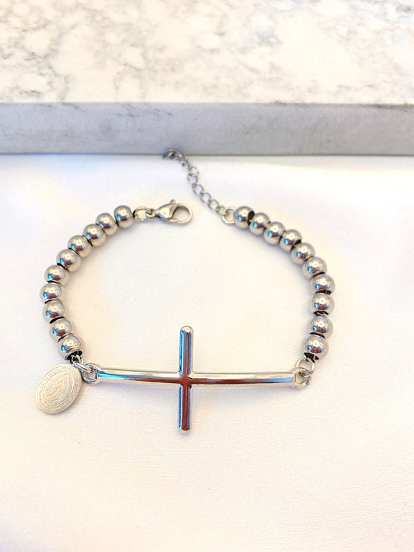 Pulsera Balines Cruz Plateada Acero