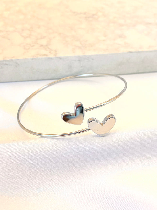 Pulsera Aro Doble Corazon Plateado Acero