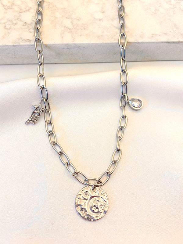Collar Dijes Cosmicos Plateado Acero