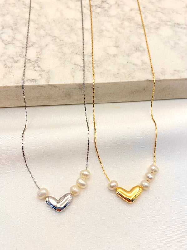 Collar Corazon 4 Perlas Acero