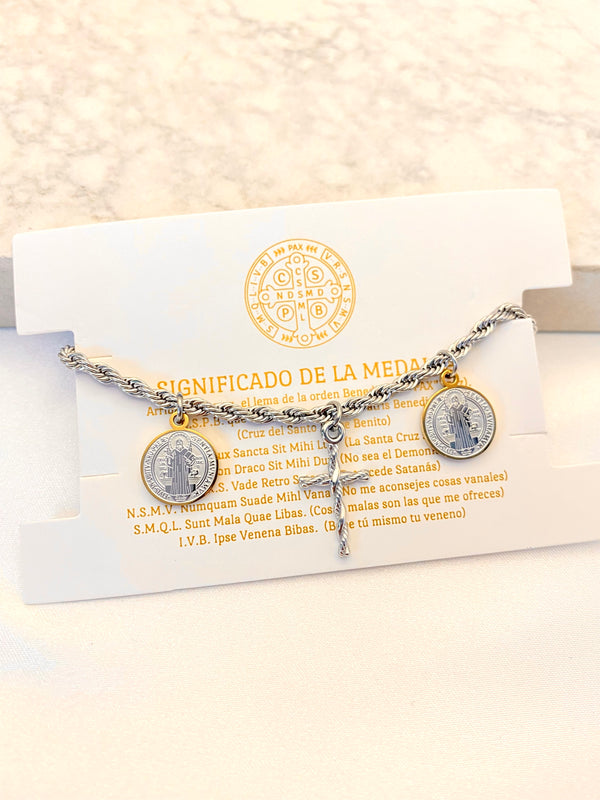 Pulsera Medallas Benito Plateada Acero