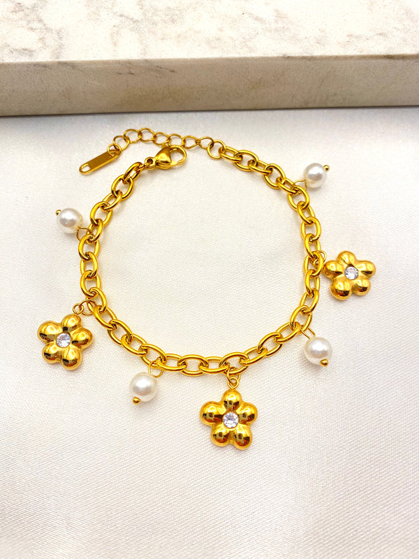 Pulsera Flores y Perlas Acero