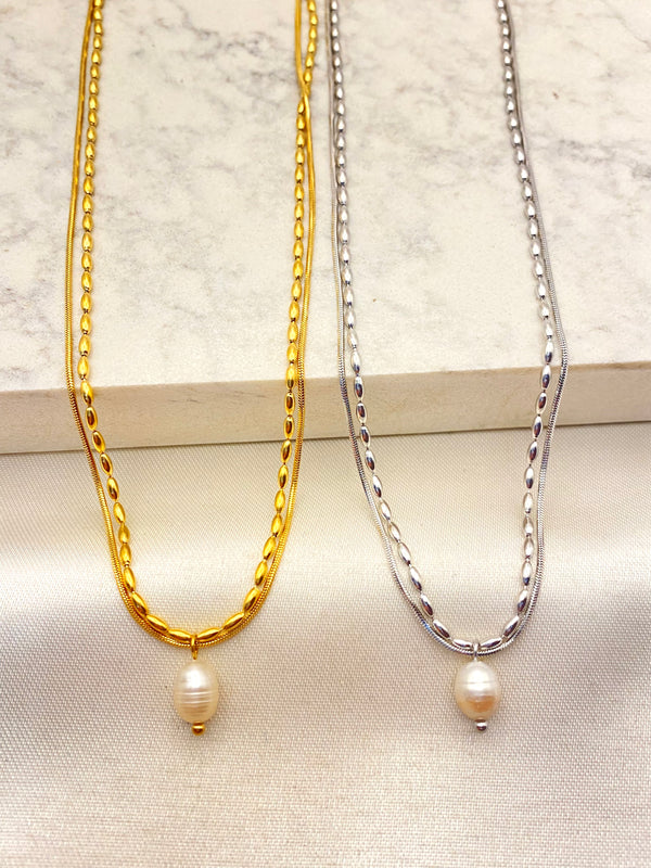 Collar Doble Oval Perla Acero