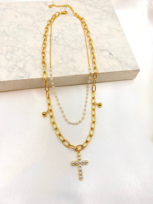 Cadena Layers Perlas Cruz Acero